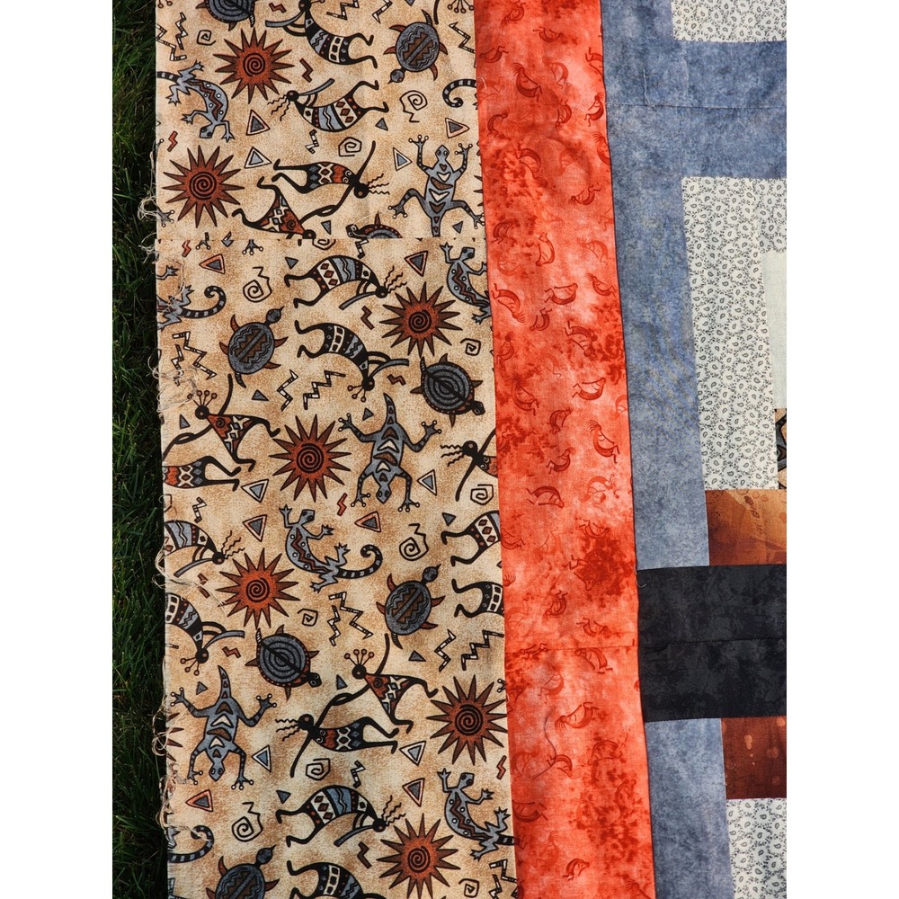 Handmade Southwest Kokopelli Log Cabin Quilt Top Blue Orange 78x106 Unfinished - Picture 4 of 8